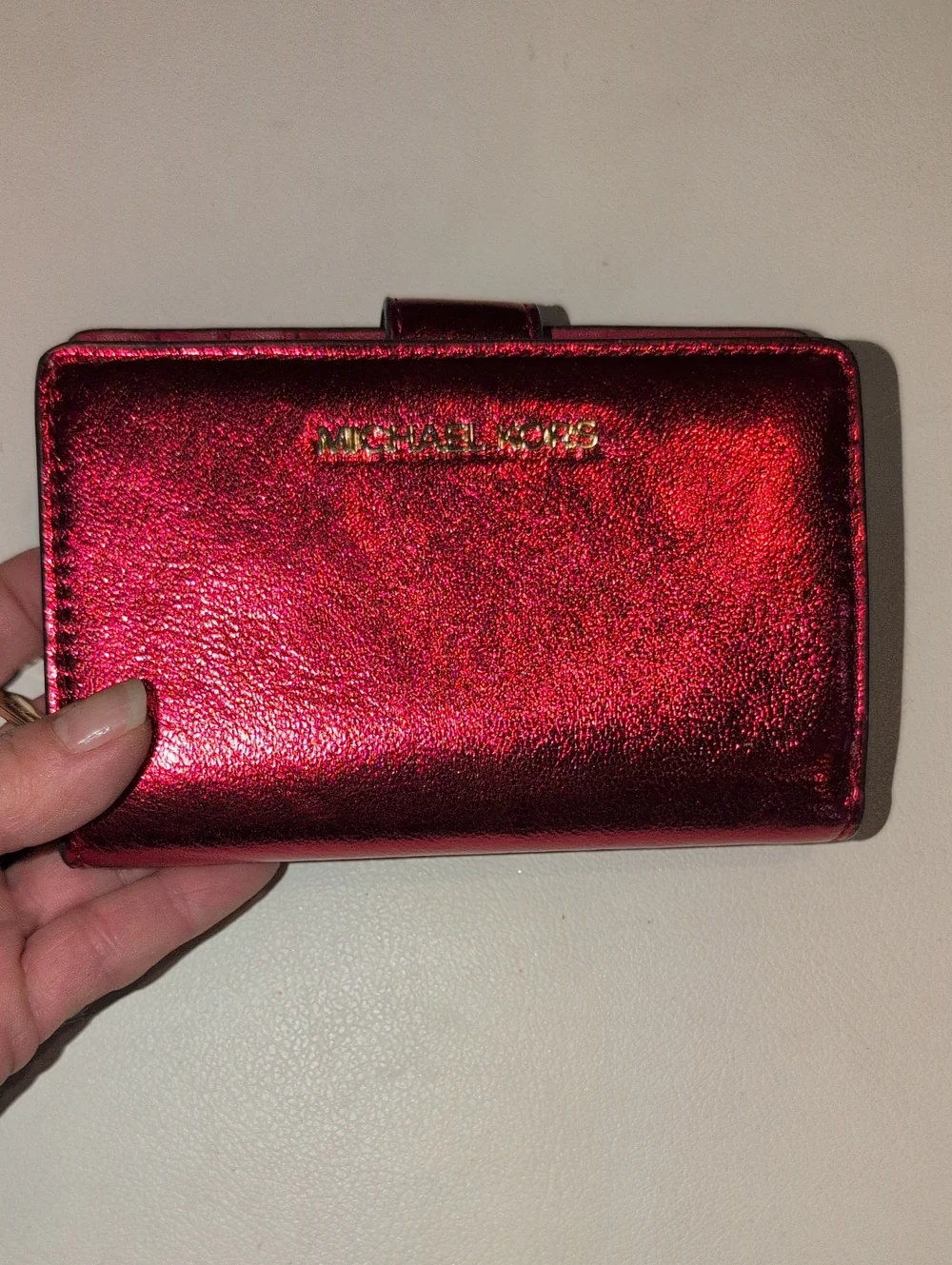 Michael Kors Metallic Scarlet Compact Wallet with Gold Logo